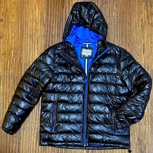 Cole Haan Mens Large Faux Leather Hooded Puffer 700 Down Jacket